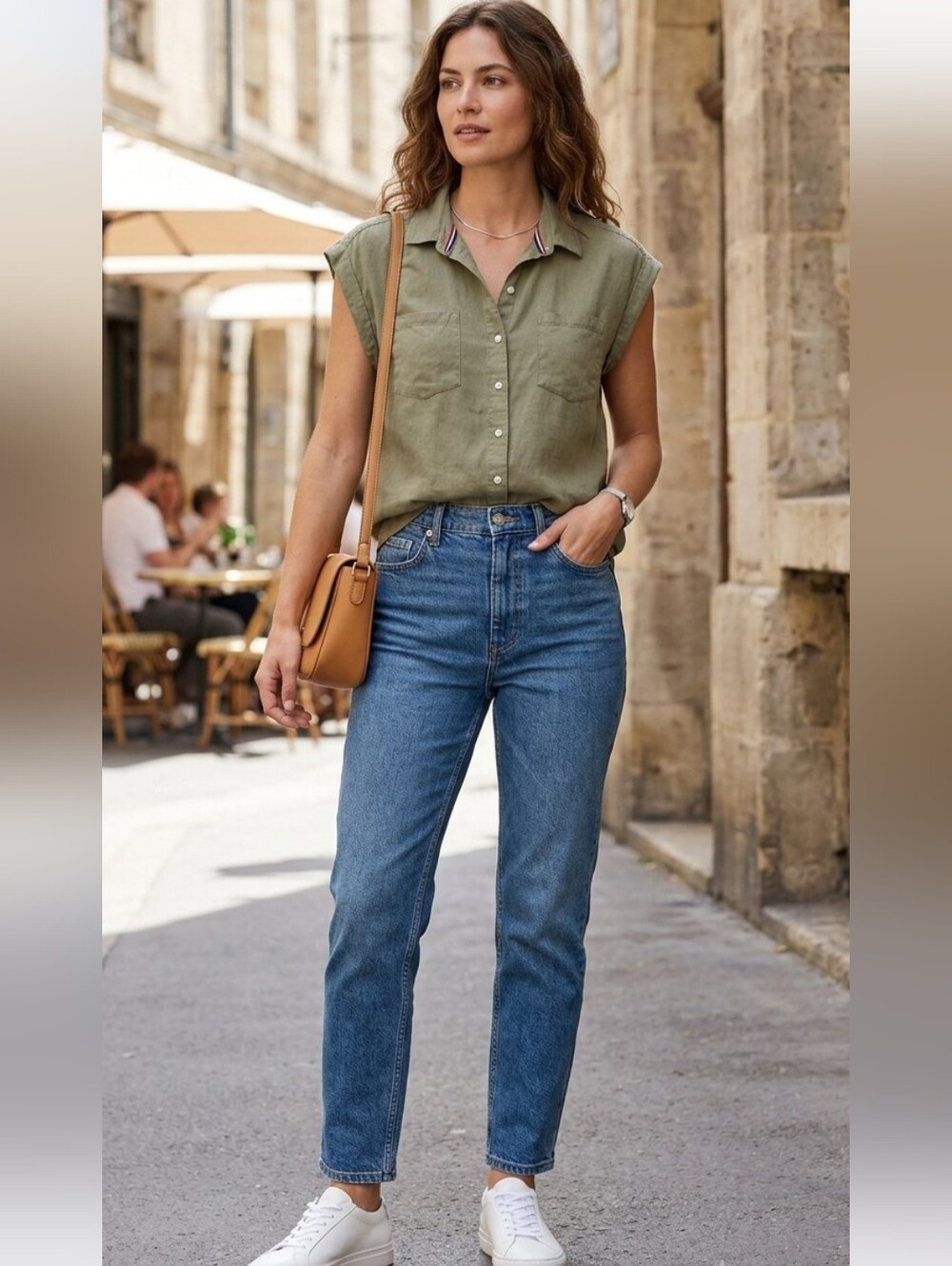 Jach's Girlfriend Denim Top Women Large Olive Green Good Cap Sleeve Button Down‎